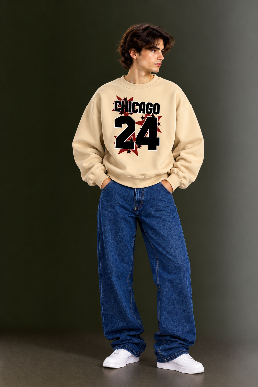 OUTPUFF Printed Oversized Drop Shoulder Crew Neck Sweatshirt